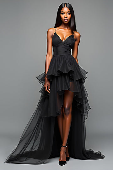 A Line Spaghetti Straps Volang Black Tie Klänning Med Slits